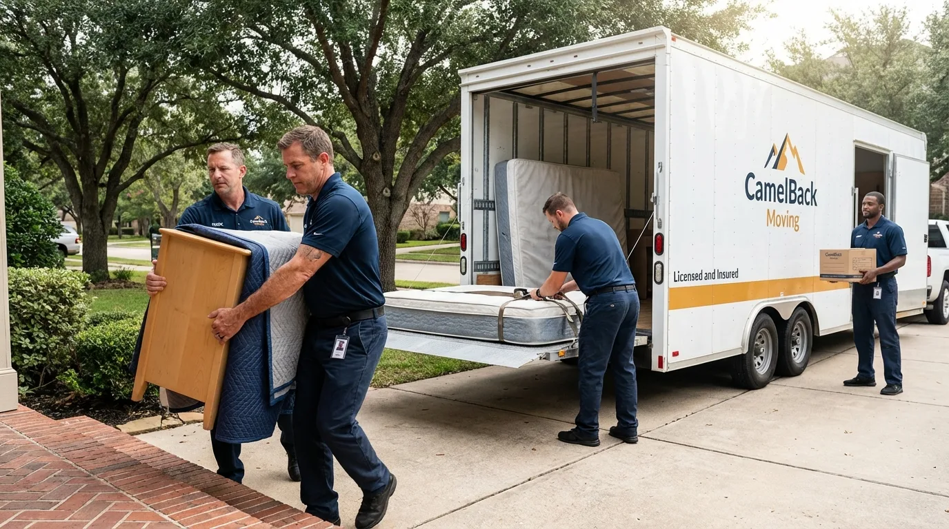 Crew loading residential truck for cross-state move from Brookline, MA