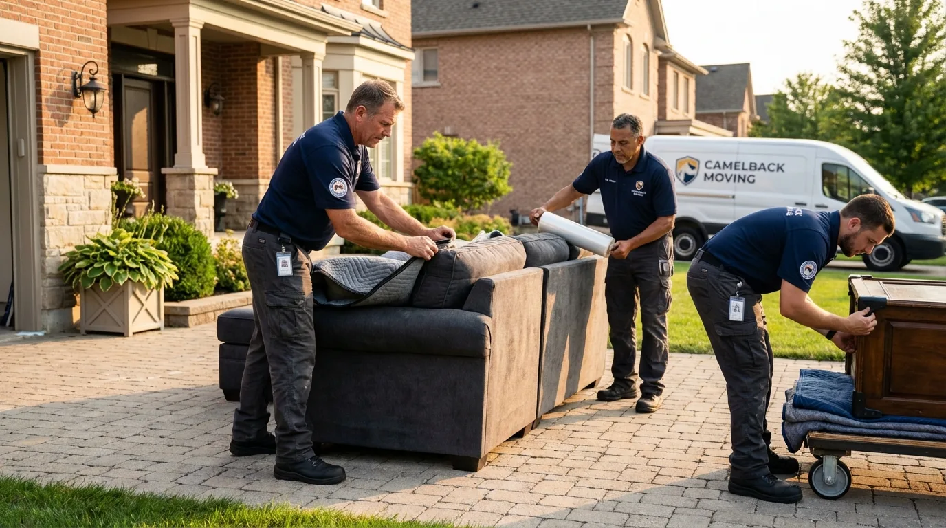 Large estate moving crew wrapping furniture in Brookline, MA