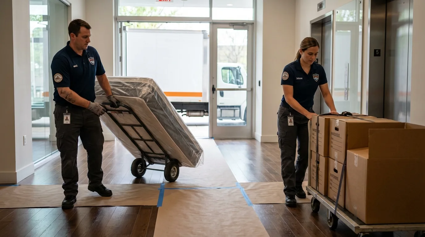Professional apartment movers loading elevator in Brookline, MA